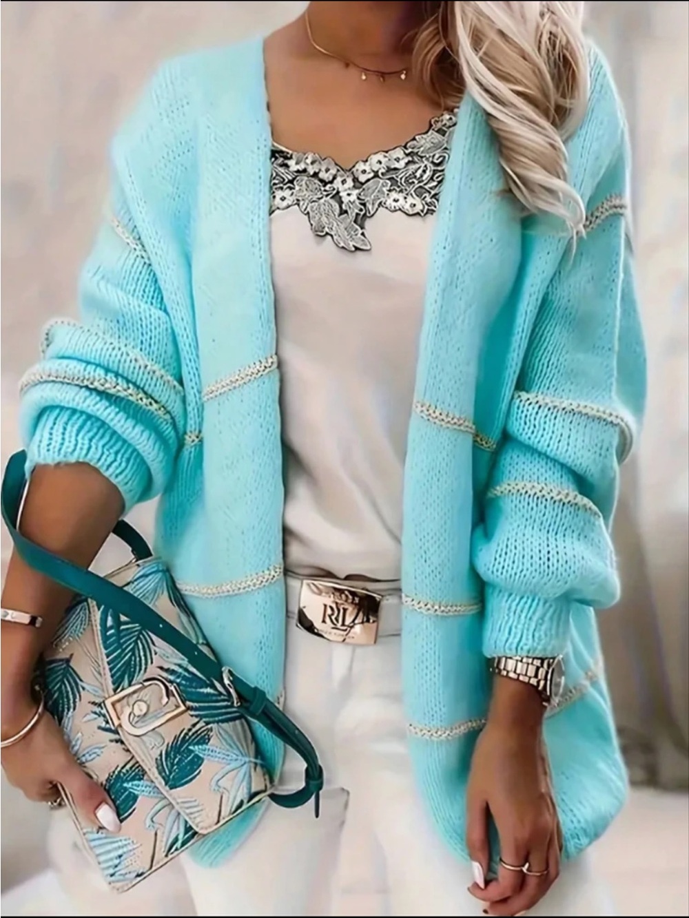 Plus Size Mint Blue Open-Front Knit Cardigan